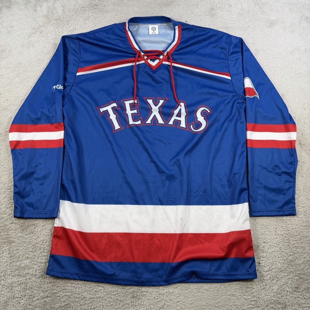 Texas Rangers Hockey Jersey Mens XL Blue Lace Up Globe Life Baseball Promo MLB